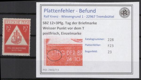SBZ_1949_PLATTENFEHLER_Nr_228_F23_postfrisch_Bild1