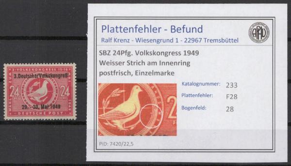 SBZ_1949_PLATTENFEHLER_Nr_233_F28_postfrisch_Bild1