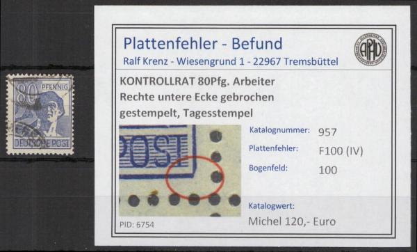 KONTROLLRAT_1946_PLATTENFEHLER_Nr_957_IV_gestempelt_Bild1