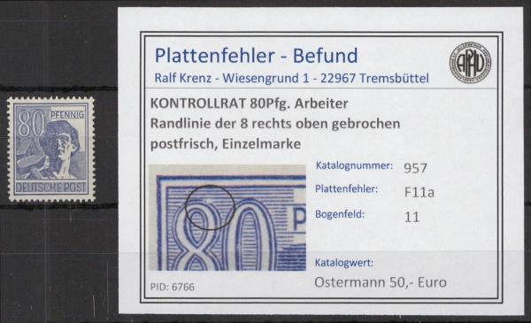 KONTROLLRAT_1946_PLATTENFEHLER_Nr_957_F11a_postfrisch_Bild1