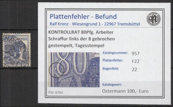 KONTROLLRAT_1946_PLATTENFEHLER_Nr_957_F22_gestempelt_Bild1
