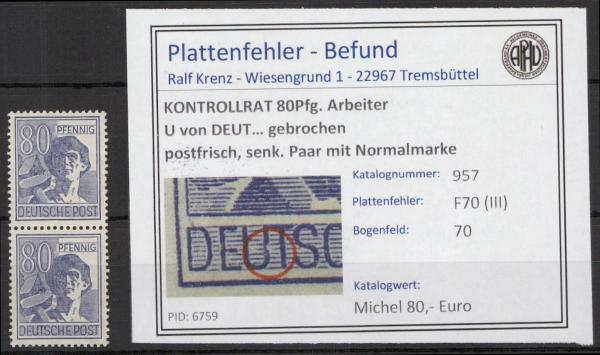 KONTROLLRAT_1946_PLATTENFEHLER_Nr_957_III_postfrisch_Bild1