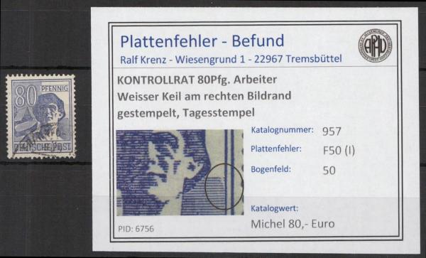 KONTROLLRAT_1946_PLATTENFEHLER_Nr_957_I_gestempelt_Bild1