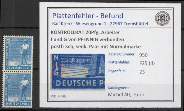KONTROLLRAT_1946_PLATTENFEHLER_Nr_950_II_postfrisch_Bild1