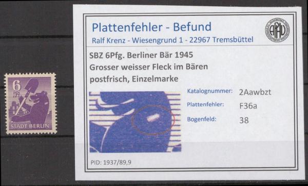 SBZ_1945_PLATTENFEHLER_Nr_2Aawbzt_F36a_postfrisch_Bild1
