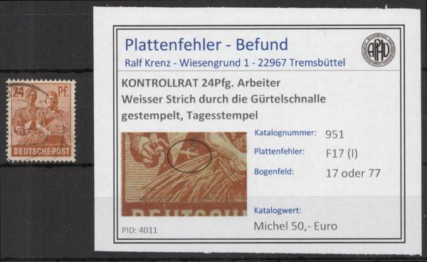 KONTROLLRAT_1946_PLATTENFEHLER_Nr_951_I_gestempelt_Bild1