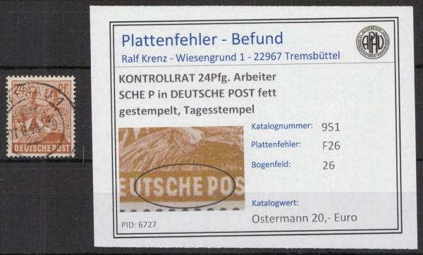 KONTROLLRAT_1946_PLATTENFEHLER_Nr_951_F26_gestempelt_Bild1