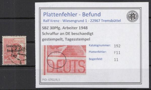 SBZ_1948_PLATTENFEHLER_Nr_192_F11_gestempelt_Bild1