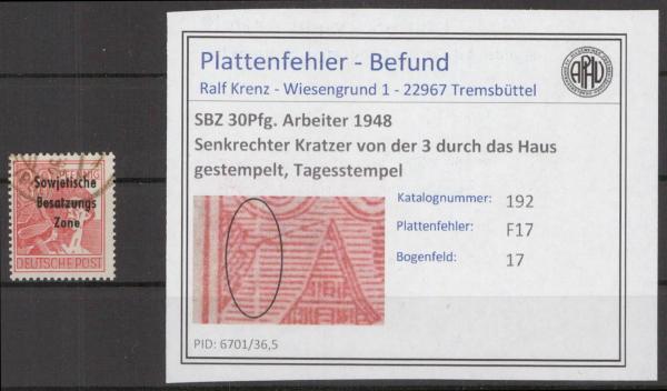 SBZ_1948_PLATTENFEHLER_Nr_192_F17_gestempelt_Bild1