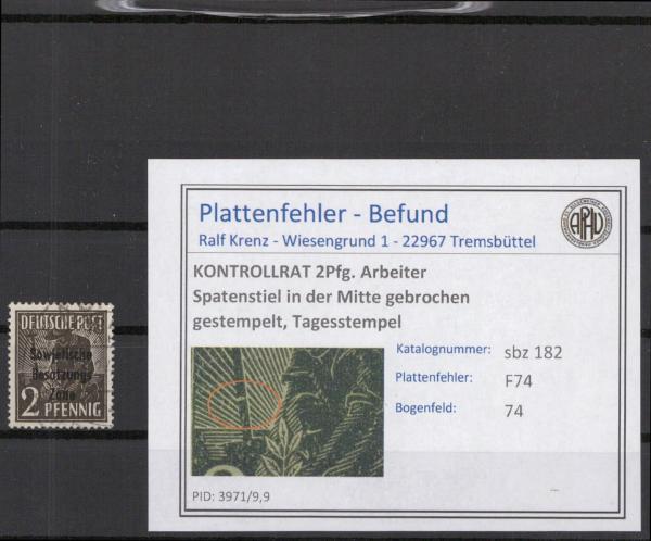 SBZ_1945_PLATTENFEHLER_Nr_182_F74_gestempelt_Bild1