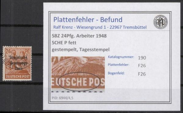 SBZ_1945_PLATTENFEHLER_Nr_190_F26_gestempelt_Bild1