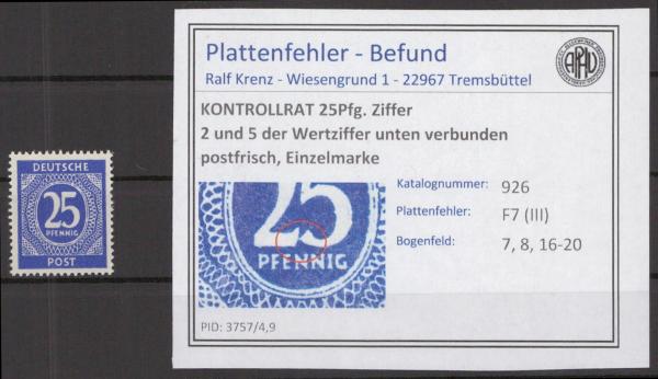 KONTROLLRAT_1947_PLATTENFEHLER_Nr_926_III_postfrisch_Bild1