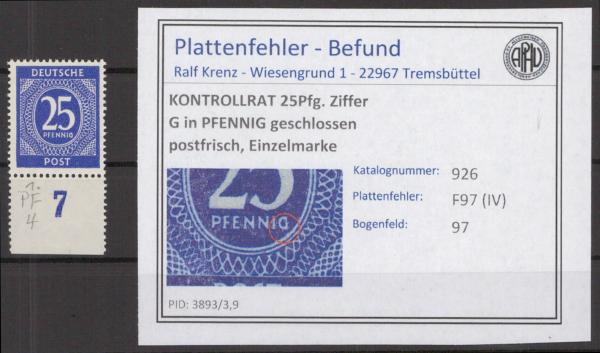 KONTROLLRAT_1947_PLATTENFEHLER_Nr_926_IV_postfrisch_Bild1