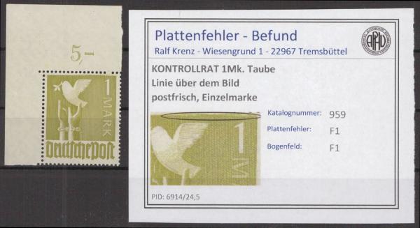 KONTROLLRAT_1946_PLATTENFEHLER_Nr_959_F1_postfrisch_Bild1