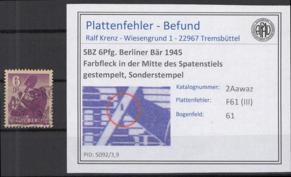 SBZ_1945_PLATTENFEHLER_Nr_2Awaz_III_gestempelt_Bild1