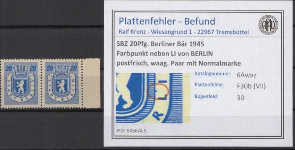 SBZ_1945_PLATTENFEHLER_Nr_6Awaz_VII_postfrisch_Bild1