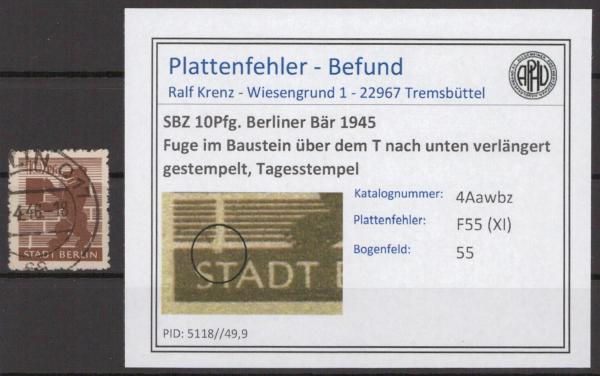 SBZ_1945_PLATTENFEHLER_Nr_4Awbz_XI_gestempelt_Bild1