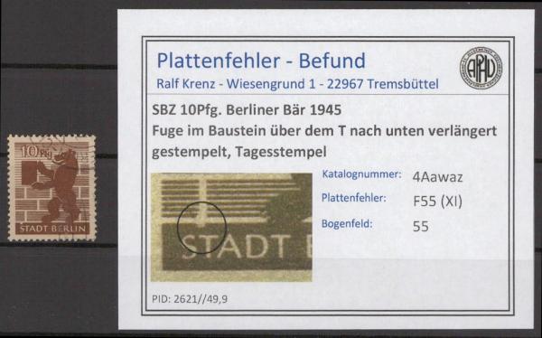 SBZ_1945_PLATTENFEHLER_Nr_4Awaz_XI_gestempelt_Bild1