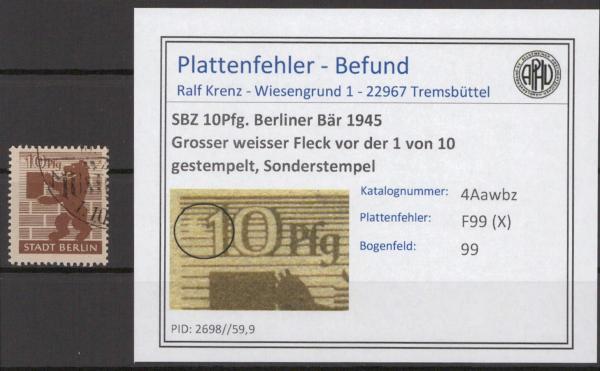SBZ_1945_PLATTENFEHLER_Nr_4Awbz_X_gestempelt_Bild1