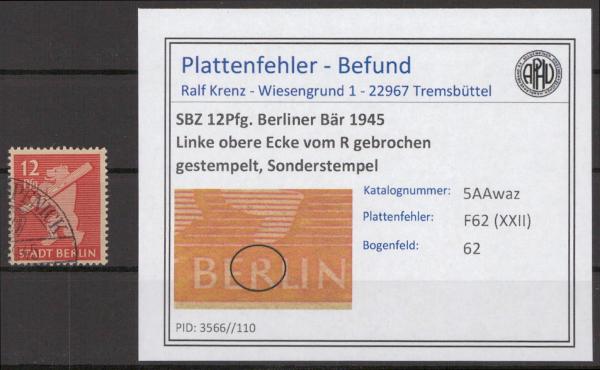 SBZ_1945_PLATTENFEHLER_Nr_5AAwaz_XXII_gestempelt_Bild1