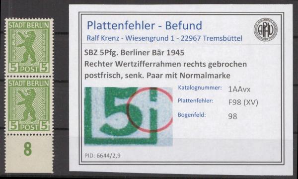 SBZ_1945_PLATTENFEHLER_Nr_1AAvx_XV_postfrisch_Bild1