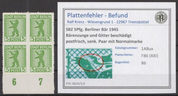 SBZ_1945_PLATTENFEHLER_Nr_1ABux_XXI_postfrisch_Bild1