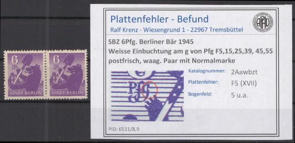 SBZ_1945_PLATTENFEHLER_Nr_2Awbzt_XVII_postfrisch_Bild1