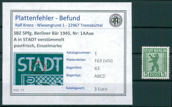 SBZ_1945_PLATTENFEHLER_Nr_1AAux_F63(VIII)_postfrisch_Bild1