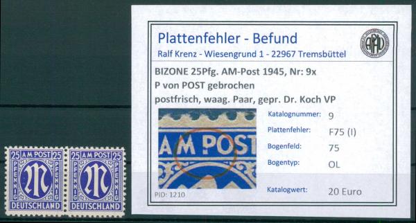 BIZONE_1945_PLATTENFEHLER_Nr_9x_F75(I)_postfrisch_Bild1