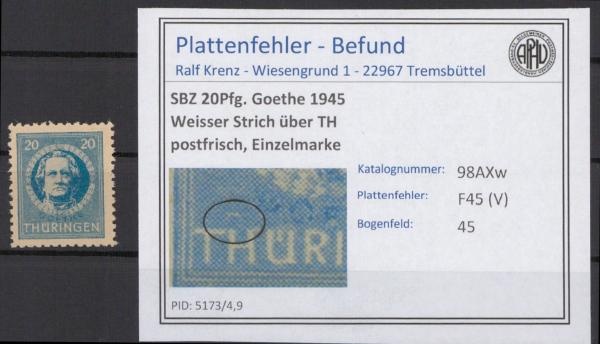 SBZ_1945_PLATTENFEHLER_Nr_98AXw_V_postfrisch_Bild1