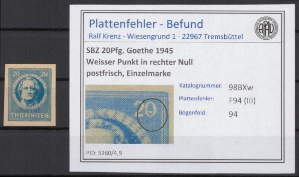 SBZ_1945_PLATTENFEHLER_Nr_98BXw_III_postfrisch_Bild1