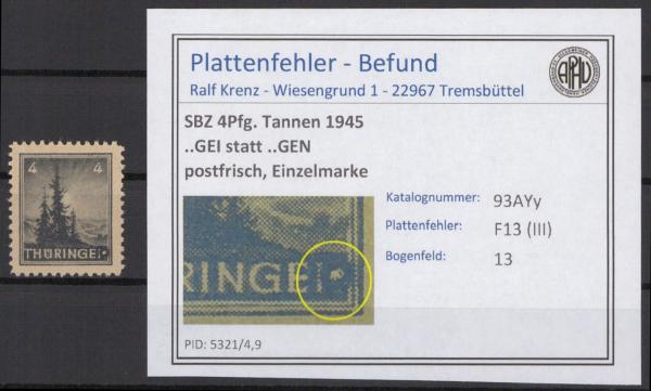 SBZ_1945_PLATTENFEHLER_Nr_93AYy_III_postfrisch_Bild1