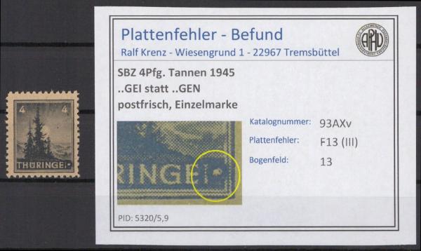 SBZ_1945_PLATTENFEHLER_Nr_93AXv_III_postfrisch_Bild1