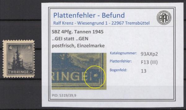 SBZ_1945_PLATTENFEHLER_Nr_93AXp2_III_postfrisch_Bild1