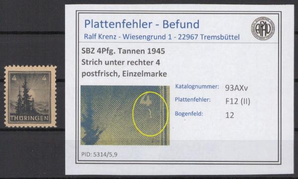 SBZ_1945_PLATTENFEHLER_Nr_93AXv_II_postfrisch_Bild1