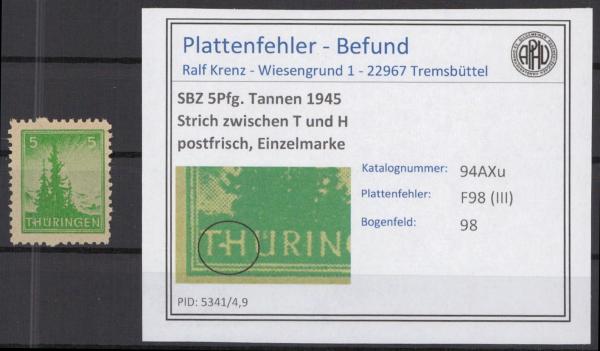SBZ_1945_PLATTENFEHLER_Nr_94AXu_III_postfrisch_Bild1