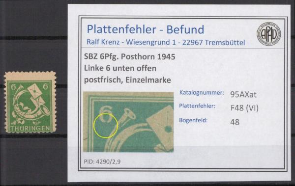 SBZ_1945_PLATTENFEHLER_Nr_95AXat_VI_postfrisch_Bild1