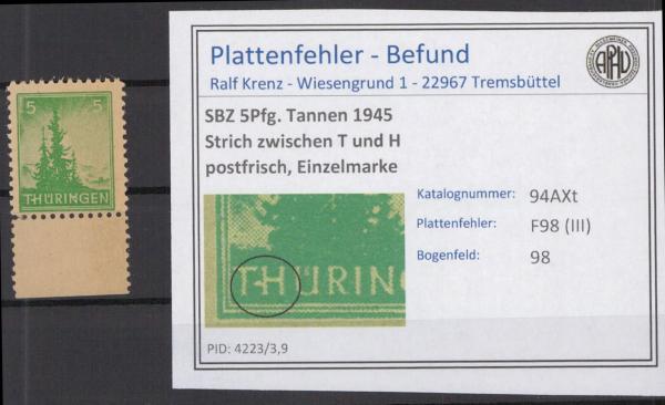 SBZ_1945_PLATTENFEHLER_Nr_94AXt_III_postfrisch_Bild1