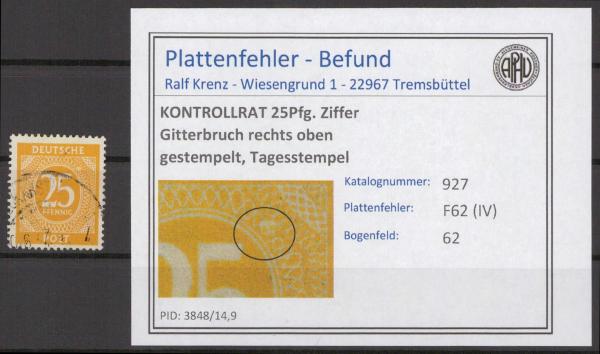 KONTROLLRAT_1947_PLATTENFEHLER_Nr_927_IV_gestempelt_Bild1