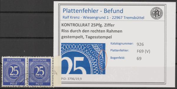 KONTROLLRAT_1947_PLATTENFEHLER_Nr_926_V_gestempelt_Bild1
