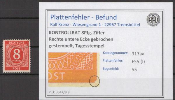 KONTROLLRAT_1947_PLATTENFEHLER_Nr_917aa_I_gestempelt_Bild1